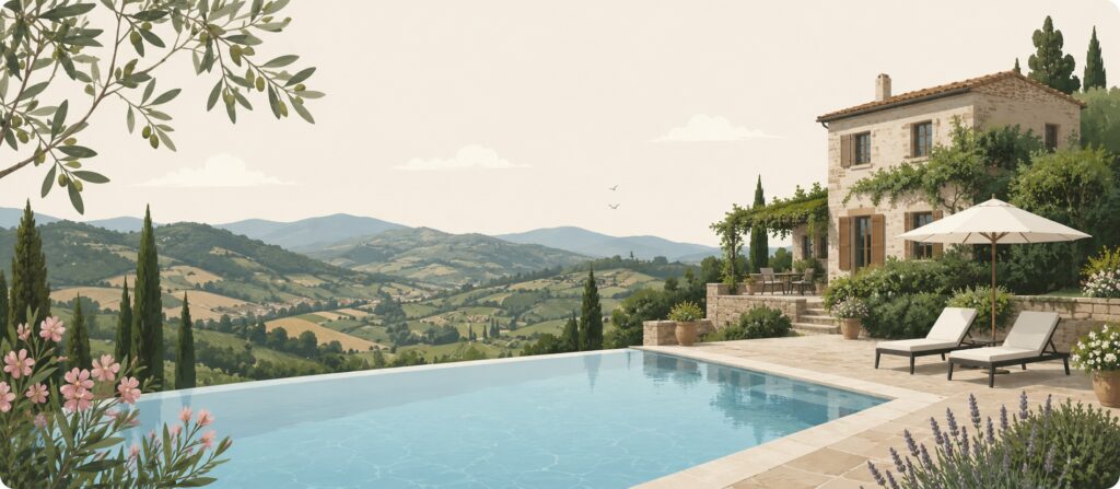 Holiday rentals in Umbria landscape illustration for Antonio Villa Services.