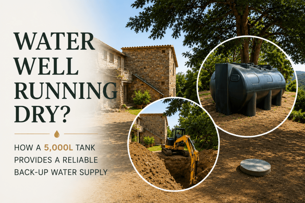 Water well running dry at an Umbrian villa with a 5,000-litre back-up water tank installation.