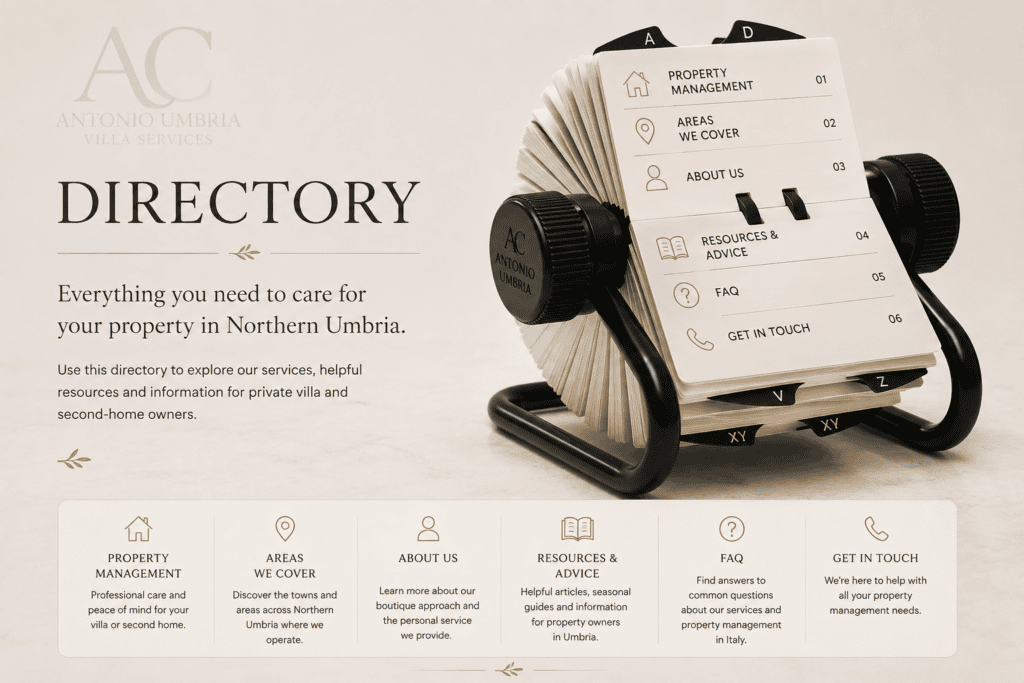 Property Management Directory - Vintage Rolodex directory representing villa management services, resources and information for property owners across Northern Umbria.