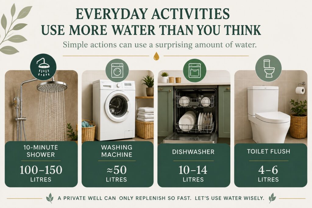 Infographic showing typical water usage for a 10-minute shower, washing machine, dishwasher and toilet flush.