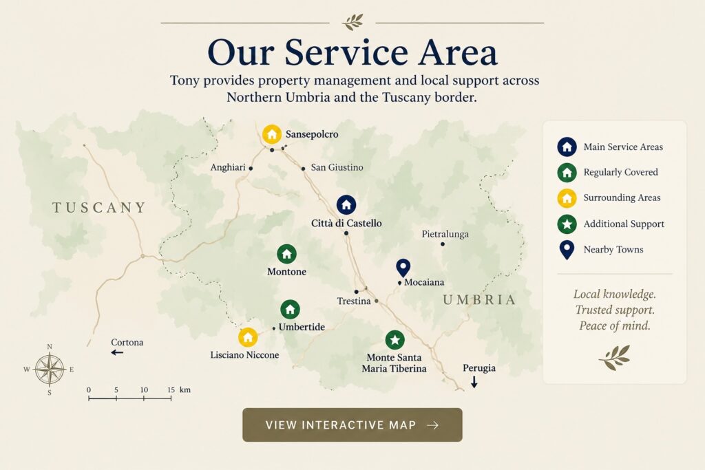 Service area map showing Northern Umbria and the Tuscany border, including Città di Castello, Umbertide, Montone and Sansepolcro.