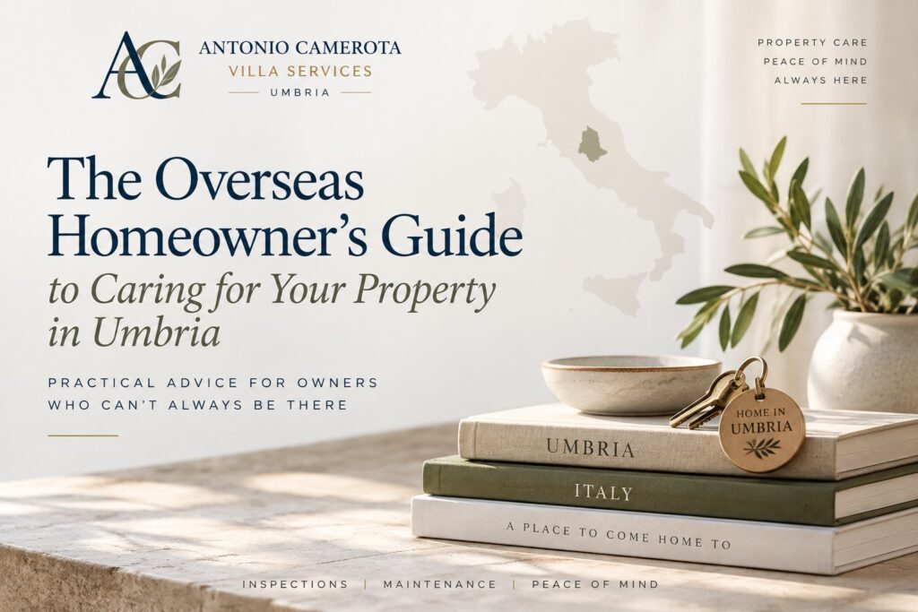 Overseas homeowner’s guide to caring for a property in Umbria, featuring keys, Italian and Umbrian-inspired details